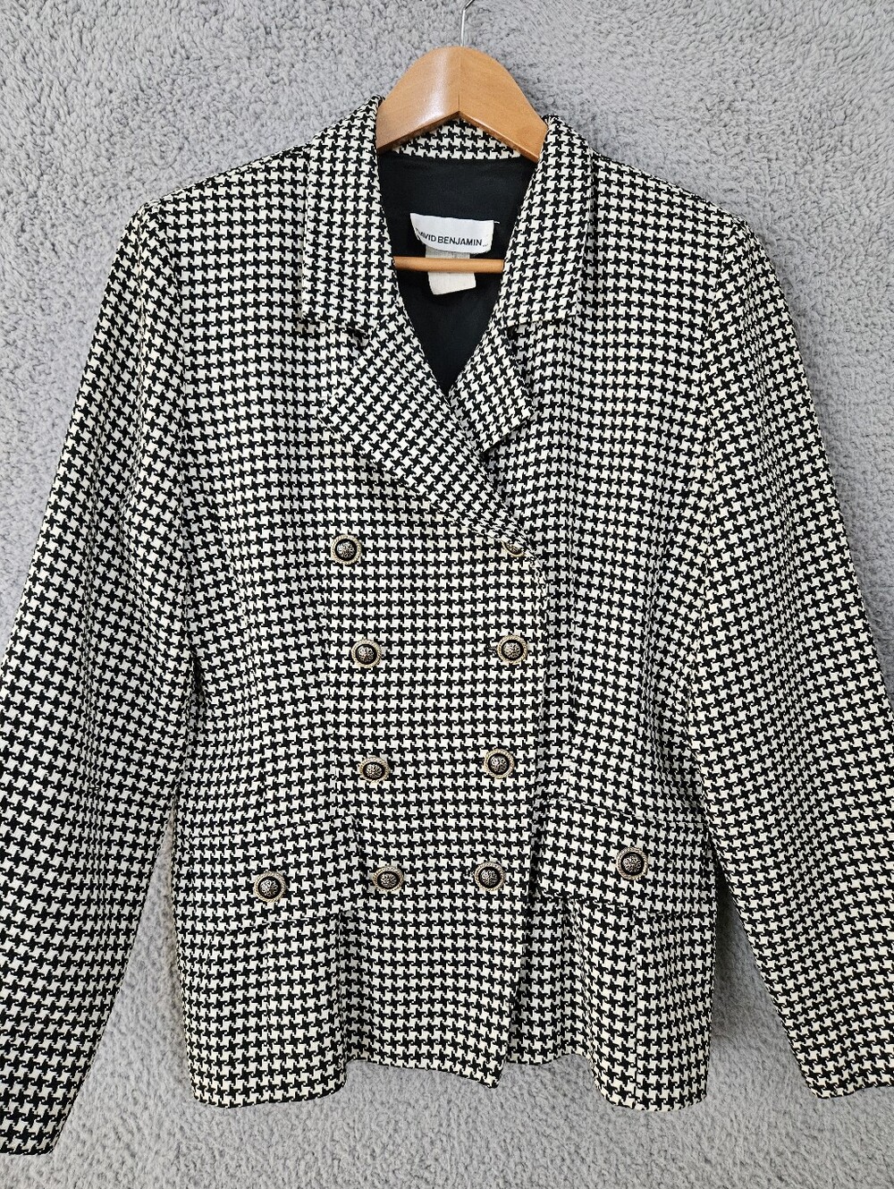 Vintage David Benjamin Houndstooth Blazer 12 L Large Double Breasted Academia - Picture 4 of 16